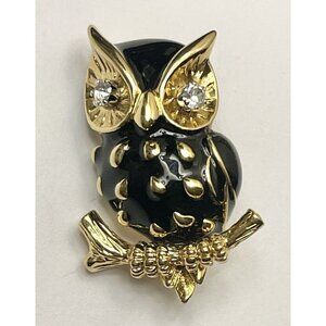 D'Orlan Owl Brooch Pin Black Enamel Rhinestones Eyes Signed Vintage Gold Tone